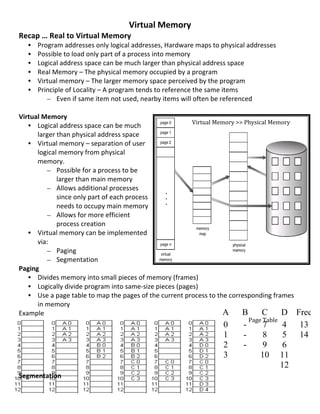 Virtual	
  Memory	
  
Recap	
  …	
  Real	
  to	
  Virtual	
  Memory	
  
       •   Program	
  addresses	
  only	
  logical	
  addresses,	
  Hardware	
  maps	
  to	
  physical	
  addresses	
  
       •   Possible	
  to	
  load	
  only	
  part	
  of	
  a	
  process	
  into	
  memory	
  
       •   Logical	
  address	
  space	
  can	
  be	
  much	
  larger	
  than	
  physical	
  address	
  space	
  	
  
       •   Real	
  Memory	
  –	
  The	
  physical	
  memory	
  occupied	
  by	
  a	
  program	
  
       •   Virtual	
  memory	
  –	
  The	
  larger	
  memory	
  space	
  perceived	
  by	
  the	
  program	
  
       •   Principle	
  of	
  Locality	
  –	
  A	
  program	
  tends	
  to	
  reference	
  the	
  same	
  items	
  
              – Even	
  if	
  same	
  item	
  not	
  used,	
  nearby	
  items	
  will	
  often	
  be	
  referenced	
  
	
  
Virtual	
  Memory	
  
                                                                                           Virtual	
  Memory	
  >>	
  Physical	
  Memory	
  
     • Logical	
  address	
  space	
  can	
  be	
  much	
  
                                                                                           	
  
       larger	
  than	
  physical	
  address	
  space	
  	
  
     • Virtual	
  memory	
  –	
  separation	
  of	
  user	
  
       logical	
  memory	
  from	
  physical	
  
       memory.	
  
              – Possible	
  for	
  a	
  process	
  to	
  be	
  
                   larger	
  than	
  main	
  memory	
  
              – Allows	
  additional	
  processes	
  
                   since	
  only	
  part	
  of	
  each	
  process	
  
                   needs	
  to	
  occupy	
  main	
  memory	
  	
  
              – Allows	
  for	
  more	
  efficient	
  
                   process	
  creation	
  
     • Virtual	
  memory	
  can	
  be	
  implemented	
  
       via:	
  
              – Paging	
  	
  
              – Segmentation	
  
Paging	
  
     • Divides	
  memory	
  into	
  small	
  pieces	
  of	
  memory	
  (frames)	
  
     • Logically	
  divide	
  program	
  into	
  same-­‐size	
  pieces	
  (pages)	
  
     • Use	
  a	
  page	
  table	
  to	
  map	
  the	
  pages	
  of	
  the	
  current	
  process	
  to	
  the	
  corresponding	
  frames	
  
       in	
  memory	
  
Example	
  	
                                                                                               A        B        C           D Free
	
                                                                                                                      Page	
  Table	
  
                                                                                                            0         - 	
   7            4 13
	
  
                                                                                                            1         -         8         5 14
	
  
	
  
                                                                                                            2         -         9         6
	
                                                                                                          3                10 11
	
                                                                                                                                        12
Segmentation	
  

	
  
                                                                                                                                       66	
  
 