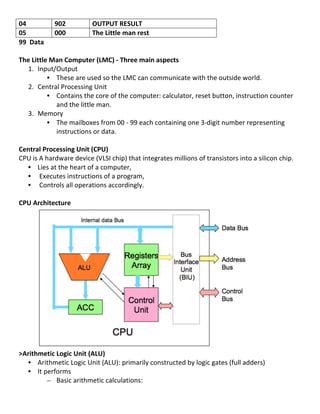 04	
                 902	
               OUTPUT	
  RESULT	
  
05	
                 000	
               The	
  Little	
  man	
  rest	
  
99	
  	
  Data	
  
	
  
The	
  Little	
  Man	
  Computer	
  (LMC)	
  -­‐	
  Three	
  main	
  aspects	
  
       1. Input/Output	
  	
  
                   • These	
  are	
  used	
  so	
  the	
  LMC	
  can	
  communicate	
  with	
  the	
  outside	
  world.	
  
       2. Central	
  Processing	
  Unit	
  	
  
                   • Contains	
  the	
  core	
  of	
  the	
  computer:	
  calculator,	
  reset	
  button,	
  instruction	
  counter	
  
                      and	
  the	
  little	
  man.	
  
       3. Memory	
  	
  
                   • The	
  mailboxes	
  from	
  00	
  -­‐	
  99	
  each	
  containing	
  one	
  3-­‐digit	
  number	
  representing	
  
                      instructions	
  or	
  data.	
  
	
  
Central	
  Processing	
  Unit	
  (CPU)	
  
CPU	
  is	
  A	
  hardware	
  device	
  (VLSI	
  chip)	
  that	
  integrates	
  millions	
  of	
  transistors	
  into	
  a	
  silicon	
  chip.	
  	
  
       • Lies	
  at	
  the	
  heart	
  of	
  a	
  computer,	
  	
  
       • 	
  Executes	
  instructions	
  of	
  a	
  program,	
  	
  
       • 	
  Controls	
  all	
  operations	
  accordingly.	
  	
  	
  	
  	
  
            	
  
CPU	
  Architecture	
  




                                                                                                                              	
  
>Arithmetic	
  Logic	
  Unit	
  (ALU)	
  
   • Arithmetic	
  Logic	
  Unit	
  (ALU):	
  primarily	
  constructed	
  by	
  logic	
  gates	
  (full	
  adders)	
  
   • It	
  performs	
  
            – Basic	
  arithmetic	
  calculations:	
  	
  
	
  
                                                                                                                                                         8	
  
 