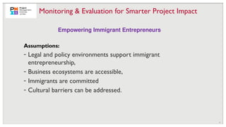 23
Monitoring & Evaluation for Smarter Project Impact
Empowering Immigrant Entrepreneurs
Assumptions:
- Legal and policy environments support immigrant
entrepreneurship,
- Business ecosystems are accessible,
- Immigrants are committed
- Cultural barriers can be addressed.
 