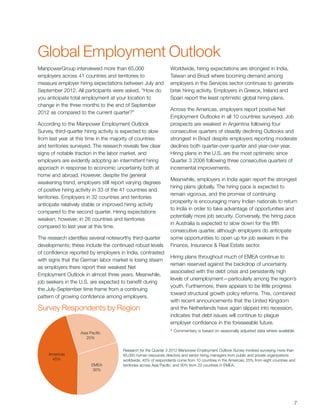 Global Employment Outlook
ManpowerGroup interviewed more than 65,000                       Worldwide, hiring expectations are strongest in India,
employers across 41 countries and territories to                 Taiwan and Brazil where booming demand among
measure employer hiring expectations between July and            employers in the Services sector continues to generate
September 2012. All participants were asked, “How do             brisk hiring activity. Employers in Greece, Ireland and
you anticipate total employment at your location to              Spain report the least optimistic global hiring plans.
change in the three months to the end of September
                                                                 Across the Americas, employers report positive Net
2012 as compared to the current quarter?”
                                                                 Employment Outlooks in all 10 countries surveyed. Job
According to the Manpower Employment Outlook                     prospects are weakest in Argentina following four
Survey, third-quarter hiring activity is expected to slow        consecutive quarters of steadily declining Outlooks and
from last year at this time in the majority of countries         strongest in Brazil despite employers reporting moderate
and territories surveyed. The research reveals few clear         declines both quarter-over-quarter and year-over-year.
signs of notable traction in the labor market, and               Hiring plans in the U.S. are the most optimistic since
employers are evidently adopting an intermittent hiring          Quarter 3 2008 following three consecutive quarters of
approach in response to economic uncertainty both at             incremental improvements.
home and abroad. However, despite the general
                                                                 Meanwhile, employers in India again report the strongest
weakening trend, employers still report varying degrees
                                                                 hiring plans globally. The hiring pace is expected to
of positive hiring activity in 33 of the 41 countries and
                                                                 remain vigorous, and the promise of continuing
territories. Employers in 32 countries and territories
                                                                 prosperity is encouraging many Indian nationals to return
anticipate relatively stable or improved hiring activity
                                                                 to India in order to take advantage of opportunities and
compared to the second quarter. Hiring expectations
                                                                 potentially more job security. Conversely, the hiring pace
weaken, however, in 26 countries and territories
                                                                 in Australia is expected to slow down for the fifth
compared to last year at this time.
                                                                 consecutive quarter, although employers do anticipate
The research identifies several noteworthy third-quarter         some opportunities to open up for job seekers in the
developments; these include the continued robust levels          Finance, Insurance & Real Estate sector.
of confidence reported by employers in India, contrasted
                                                                 Hiring plans throughout much of EMEA continue to
with signs that the German labor market is losing steam
                                                                 remain reserved against the backdrop of uncertainty
as employers there report their weakest Net
                                                                 associated with the debt crisis and persistently high
Employment Outlook in almost three years. Meanwhile,
                                                                 levels of unemployment—particularly among the region’s
job seekers in the U.S. are expected to benefit during
                                                                 youth. Furthermore, there appears to be little progress
the July-September time frame from a continuing
                                                                 toward structural growth policy reforms. This, combined
pattern of growing confidence among employers.
                                                                 with recent announcements that the United Kingdom
Survey Respondents by Region                                     and the Netherlands have again slipped into recession,
                                                                 indicates that debt issues will continue to plague
                                                                 employer confidence in the foreseeable future.
                   Asia Pacific                                  *  ommentary is based on seasonally adjusted data where available.
                                                                   C
                      25%


                                       Research for the Quarter 3 2012 Manpower Employment Outlook Survey involved surveying more than
     Americas                          65,000 human resources directors and senior hiring managers from public and private organizations
      45%                              worldwide. 45% of respondents come from 10 countries in the Americas; 25% from eight countries and
                         EMEA          territories across Asia Pacific; and 30% from 23 countries in EMEA.
                          30%




                                                                                                                                        7
 
