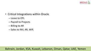 Bahrain, Jordan, KSA, Kuwait, Lebanon, Oman, Qatar, UAE, Yemen
• Critical Integrations within Oracle
– Leave to OTL
– Payr...
