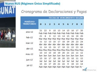 Nuevo RUS (Régimen Único Simplificado)

           Cronograma de Declaraciones y Pagos
 