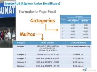 Nuevo RUS (Régimen Único Simplificado)

         Formulario Pago Facil

                 Categorías

          Multas
 
