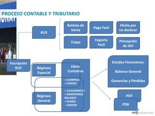 PROCESO CONTABLE Y TRIBUTARIO

                             Boletas de                       Multa por
                                            Pago Facil
                               Venta                         no declarar
                   RUS
                                             Exporta         Percepción
                                Ticket
                                              Facil            de IGV



   Inscripción                                           Estados Financieros:
      RUC        Régimen        Libros
                 Especial     Contables                    Balance General

                            + COMPRAS                    Ganancias y Pérdidas
                            + VENTAS

                            + CAJA/BANCOS
                            + INVENTARIO/
                 Régimen    BALANCE
                                                                 PDT
                 General    + DIARIO
                            + MAYOR                            PDB
 