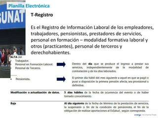 Planilla Electrónica
          T-Registro

          Es el Registro de Información Laboral de los empleadores,
          trabajadores, pensionistas, prestadores de servicios,
          personal en formación – modalidad formativa laboral y
          otros (practicantes), personal de terceros y
          derechohabientes.
 