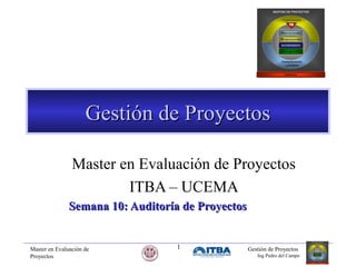 Master en Evaluación de
Proyectos
Gestión de Proyectos
Ing Pedro del Campo
1
Gestión de ProyectosGestión de Proyectos
Master en Evaluación de Proyectos
ITBA – UCEMA
Semana 10: Auditoría de ProyectosSemana 10: Auditoría de Proyectos
 