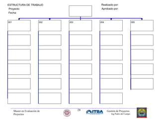 Master en Evaluación de
Proyectos
Gestión de Proyectos
Ing Pedro del Campo
28
001 002 003 004 005
ESTRUCTURA DE TRABAJO
Proyecto:
Fecha:
Realizado por:
Aprobado por:
 