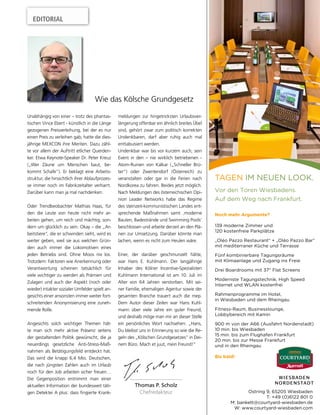 Wie das Kölsche Grundgesetz 
Thomas P. Scholz 
Chefredakteur 
EDITORIAL 
Unabhängig von einer – trotz des phantas-tischen 
Vince Ebert - künstlich in die Länge 
gezogenen Preisverleihung, bei der es nur 
einen Preis zu verleihen gab, hatte die dies-jährige 
MEXCON ihre Meriten. Dazu zähl-te 
vor allem der Auftritt etlicher Querden-ker. 
Etwa Keynote-Speaker Dr. Peter Kreuz 
(„Wer Zäune um Menschen baut, be-kommt 
Schafe“). Er beklagt eine Arbeits-struktur, 
die hinsichtlich ihrer Ablaufprozes-se 
immer noch im Fabrikzeitalter verharrt. 
Darüber kann man ja mal nachdenken. 
Oder Trendbeobachter Mathias Haas, für 
den die Leute von heute nicht mehr ar-beiten 
gehen, um reich und mächtig, son-dern 
um glücklich zu sein. Okay – die „Ar-beitstiere“, 
die er schwinden sieht, wird es 
weiter geben, weil sie aus welchen Grün-den 
auch immer die Lokomotiven eines 
jeden Betriebs sind. Ohne Moos nix los. 
Trotzdem: Faktoren wie Anerkennung oder 
Verantwortung scheinen tatsächlich für 
viele wichtiger zu werden als Prämien und 
Zulagen und auch der Aspekt (noch oder 
wieder) intakter sozialer Umfelder spielt an-gesichts 
einer ansonsten immer weiter fort-schreitenden 
Anonymisierung eine zuneh-mende 
Rolle. 
Angesichts solch wichtiger Themen hät-te 
man sich mehr aktive Präsenz seitens 
der gestaltenden Politik gewünscht, die ja 
neuerdings gesetzliche Anti-Stress-Maß-nahmen 
als Betätigungsfeld entdeckt hat. 
Das wird die knapp 6,4 Mio. Deutschen, 
die nach jüngsten Zahlen auch im Urlaub 
noch für den Job arbeiten sicher freuen… 
Die Gegenposition entnimmt man einer 
aktuellen Information der bundesweit täti-gen 
Detektei A plus: dass fi ngierte Krank- 
meldungen zur hingetricksten Urlaubsver-längerung 
offenbar ein ähnlich breites Übel 
sind, gehört zwar zum politisch korrekten 
Undenkbaren, darf aber ruhig auch mal 
enttabuisiert werden. 
Undenkbar war bis vor kurzem auch, sein 
Event in den – nie wirklich betriebenen - 
Atom-Ruinen von Kalkar („Schneller Brü-ter“) 
oder Zwentendorf (Österreich) zu 
veranstalten oder gar in die Ferien nach 
Nordkorea zu fahren. Beides jetzt möglich. 
Nach Meldungen des österreichischen Opi-nion 
Leader Networks habe das Regime 
des steinzeit-kommunistischen Landes ent-sprechende 
Maßnahmen samt ‚moderne 
Bauten, Badestrände und Swimming Pools‘ 
beschlossen und arbeite derzeit an den Plä-nen 
zur Umsetzung. Darüber könnte man 
lachen, wenn es nicht zum Heulen wäre. 
Einer, der darüber geschmunzelt hätte, 
war Hans E. Kuhlmann. Der langjährige 
Inhaber des Kölner Incentive-Spezialisten 
Kuhlmann International ist am 10. Juli im 
Alter von 64 Jahren verstorben. Mit sei-ner 
Familie, ehemaligen Agentur sowie der 
gesamten Branche trauert auch die mep. 
Dem Autor dieser Zeilen war Hans Kuhl-mann 
über viele Jahre ein guter Freund, 
und deshalb möge man mir an dieser Stelle 
ein persönliches Wort nachsehen: „Hans, 
Du bleibst uns in Erinnerung so wie die Re-geln 
des „Kölschen Grundgesetzes“ in Dei-nem 
Büro. Mach et juut, mein Freund!“ 
 