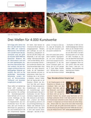 TITELSTORY 
Drei Wellen für 4.000 Kunstwerke 
Seit knapp zehn Jahren hat 
Bern mit dem Zentrum Paul 
Klee (ZPK) sein modernes 
Wahrzeichen. Hier befinden 
sich rund 40 Prozent des Ge-samtwerks 
eines der größ-ten 
Künstler (1879-1940) der 
Klassischen Moderne des 
20. Jahrhunderts! Und weil 
ein solch spektakulärer An-lass 
einen ebensolchen Rah-men 
verdient, hat kein Ge-ringerer 
als Renzo Piano ein 
dreihügeliges Gebäude ge-schaffen, 
das nicht nur die 
großartigen Sammlungen 
beherbergt, sondern sich 
auch als kommunikativer 
Treffpunkt und Veranstal-tungslocation 
versteht. 
Planer sollten sich deshalb das 
Kürzel „ZPK“ merken, des-sen 
räumliche Chronologie wie 
folgt ausschaut. Die wichtigs-ten 
Veranstaltungsräumlich-keiten 
befinden sich im so ge-nannten 
Nordhügel, wo das 
Auditorium (300 Sitzplätze 
mit Klapptischchen), das mul-tifunktionale 
Forum (für Ban-kette, 
aber auch Formate wie 
Weinmessen etc. geeignet) so-wie 
zwei Konferenzräume (80 
qm) entsprechende Kapazitä-ten 
36 mep Ausgabe 5/2014 
bieten. Zwei kleinere Se-minarräume 
(40 qm) gibt es im 
entgegengesetzten Pendant, 
dem Südhügel, wo auch die 
Verwaltung untergebracht ist. 
Das Herz des ZPK schlägt in der 
Mittelwelle, in der zwei regel-mäßige 
Wechselausstellungen 
– eine mit Klee-Werken, die an-dere 
mit verwandten Themen – 
die künstlerische Plattform des 
Gesamtensembles bilden. Dazu 
kommt die lange Museums-straße, 
die alle Gebäudeein-heiten 
verbindet und einen re-präsentativen, 
hellen Raum für 
Empfänge (die in der Schweiz 
so beliebten „Aperos“) bildet. 
Nach der Tagung oder vor der 
Reception offeriert das Zen-trum 
Paul Klee auch diverse 
Ideen für Rahmenprogramme. 
Empfehlenswert sind natür-lich 
Sonderführungen durch 
die Ausstellung(en), die auch in 
Kombination mit dem Thema 
Architektur möglich sind. Eben-falls 
interessant ist der Kreativ-raum 
„Creaviva“, der Motive 
der Ausstellung aufnimmt und 
wo auf Anfrage Workshops zur 
Malerei oder bildenden Kunst 
stattfinden können. Dass allein 
in 2013 über tausend Veran-staltungen 
– darunter 27 Kon-gresse 
– im Hause zu Gast wa-ren, 
zeigt die Kompetenz, die 
sich das ZPK inzwischen auch 
als Location erarbeitet hat. 
Dies nicht zuletzt dank vorhan-dener 
moderner Tagungstech-nik 
und einer hochwertigen 
Veranstaltungsgastronomie. 
Catering-Partner ist das Res-taurant 
Schöngrün gleich ne-benan, 
das mit nicht weniger 
als 17 Gault Millau Punkten 
und 1 Michelin-Stern aufwar-tet. 
Auch die Anreise ist einfach 
– die Buslinie 12 fährt ab Hal-testelle 
Zytglogge bzw. Rathaus 
direkt aus der Altstadt hierher, 
mit Halt nur wenige Gehminu-ten 
vom ZPK entfernt. Auf dem 
Rückweg bietet sich ein Stopp 
am Alten Tramdepot an, wo 
man den BärenPark besichtigen 
kann und immer einen der ent-spannt 
aufgelegten Petze op-tisch 
antrifft. Dank des neuen 
Bern Tickets – siehe vorn – ist 
beliebige Fahrtunterbrechung 
überhaupt kein Problem. 
www.zpk.org 
Tipp: Wunderschöner Empire-Saal 
In der Zeughausgasse an der 
Peripherie zur Altstadt, in un-mittelbarer 
Nähe zum Best 
Western Hotel Bern, gibt es 
das Restaurant „Zum Äusse-ren 
Stand“. Der ungewöhnli-che 
Name rührt von der his-torischen 
Funktion her, wonach junge Nachrücker auf ihre 
künftigen politischen Ämter in der Stadt spielerisch mit einer 
Art Schattenstaat vorbereitet wurden. Dieser war der „Äusse-re 
Stand“, im Gegensatz zum Inneren Stand, der echten Obrig-keit… 
Wissen sollte man, dass es hier einen tollen Empire-Saal 
(ca. 200 qm) gibt, der große Geschichte erlebt hat – so die 1. 
Bundesverfassung der Eidgenossenschaft 1848 oder die Grün-dung 
des Weltpostvereins 1874. www.aeussererstand.ch 
Bild: Scholz 
Quelle: Bern Tourismus / ZPK 
 