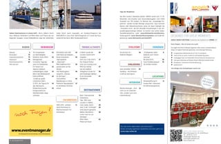 4 mep Ausgabe 5/2015
RUBRIK NEWSROOM
Editorial 3
Personalien 76
Inserentenverzeichnis 79
Impressum 79
Branchenverzeichnis:
Wer-was-wo?
80
Die mep immer dabei haben und online lesen?
Einfach einmalig registrieren (kostenfrei) und schon geht’s los:
www.mep-online.de
In Berlin wurde der
Location Award 2015
vergeben
20
Jetzt neu in der Hütt’n:
Der Original Hütten-
krimi von crossing mind
31
MICE by melody
hat sich etabliert
41
Verlagshaus Gruber fei-
erte 20-jähriges Jubiläum
56
Es ist mal wieder
INTERTENT
61
DESTINATIONEN
Bonn: Internationale
Visitenkarte
14
Tipp: Tolle neue
Location in Velbert
22
Cool, cooler, Zürich 26
Jena: In der “Lichtstadt”
wird Zukunft gemacht!
34
Belfast: Nordirland –
immer noch ein Ge-
heimtipp!
58
Rhein-Main:
Power auf Dauer
62
Sieben Destinationen in einem Heft – Bonn, Velbert, Zürich,
Jena, Wallonie, Nordirland und Rhein-Main sind Thema der vor-
liegenden Ausgabe. Unsere Bildkollektion zeigt die Verkehrsbe-
triebe Zürich (auch Copyright), ein Outdoor-Programm der
IMAGINATA in Jena (Foto: Barth/Imaginata e.V.) sowie die Fluss-
landschaft bei Bonn (Bild: Bundesstadt Bonn).
Trio-Kooperation
zur Nachhaltigkeit
42
Nützliche Swiss Office
Management
42
Innovativer Tagungs-
raum für Handwerker
42
Ein Award zum
Agentur-Jubiläum
42
marke[ding]plus zeigte
Blick in die Werbezukunft
43
Estrel eröffnete
10.000 qm große
Convention Hall II
44
Q 2015, die Tagung für
den Nachwuchs
44
Modernisierung des
Kongresszentrums
Westfalenhallen abge-
schlossen
44
EINLADUNG
AME 2016 – ambitio-
nierte Fachmesse im
Wachstumsmarkt Tür-
kei/Istanbul
13
TRENDS & EVENTS TITELSTORY
Da will man hin –
Wallonie (Belgien)
50 „Privilegiertes Leben
bedeutet auch Verant-
wortung“
6
60 Jahre EVVC 10
Gute Ausbildungsquali-
tät sichtbar machen
10
VERBÄNDE
Demnächst noch (viel)
mehr Raum auf Zollverein
45
Neuer kostenloser
Tagungsplaner
„Steiermark“
46
Bald nagelneue Kon-
gresslocation am Bo-
densee
46
mbt Meetingplace
verspricht „Impulse
für die Praxis“
46
GCB eröffnet
Repräsentanz in China
46
Praktische Tagungsoption
im attraktiven Hochsau-
erland
47
Jetzt anmelden: (M)ICE-
boarding – die Skifreizeit
in Zell am See Kaprun
24
Tipp der Redaktion
Die ibtm world in Barcelona (bisher: EIBTM) startet vom 17.-19.
November und erwartet nach Veranstalterangaben rund 3.000
Aussteller aus 150 Ländern. Im Rahmen des „Knowledge Pro-
gramme“ werden hundert Beiträge versprochen. Dazu kommen
ebenso viele Networking-Events sowie als neues Highlight die
„Innovation Zone“, die sich aktuellen Entwicklungen in der Ver-
anstaltungstechnologie widmet. So kommt man online weiter:
Ausstellerverzeichnis unter www.ibtmworld.com/directory,
Fachprogramm: www.ibtmworldcom/speakers und Vorab-Re-
gistrierung: www.ibtmworld.com/visit2015
DESIGNED FOR GREAT MOMENTS
ANGELO MUNICH WESTPARK: Südwestlich des Stadtzentrums ZIMMER: 207
ANGELO HOTEL MUNICH WESTPARK
Albert-Rosshaupter-Str. 45, 81369 Munich
Tel.: +49 89 411 113 0
info@angelo-westpark.com
www.angelo-westpark.com
www.vi-hotels.com
Events @angelo - denn wir wissen wie es geht!
Das angelo Hotel Munich Westpark begeistert neben seinem unverwechselbaren
Design mit highend Veranstaltungsräumen und erstklassiger Betreuung.
t 8 tageslichtdurchﬂutete Räume auf 745 m² Eventﬂäche
t State-of-the-art audio-visuelles & multimediales Equipment
t Großzügiges Foyer mit bodentiefen Fensterfronten & Sonnenterrasse
t Sehr gute Anbindung an Mittleren Ring & öﬀentliche Verkehrsmittel
t Kompetente, dynamische & ﬂexible Betreuung
t Kodexkonform
Jetzt anfragen unter booking@angelo-munich.com!
Hier könnteIHR EVENTstattfinden
★★★★
www.eventmanager.de
Das Internetportal für die Eventmarketing- und Veranstaltungsbranche.
quer90x65_02 27.05.2002 13:22 Uhr Seite 1
LOCATIONS
Wintereröffnung im
Europa-Park: interessant
für Rahmenprogramme
12
INTERVIEW
Monika Riexinger: „Sind
nicht nur ein Unterneh-
men, sondern auch eine
Lebenshaltung“
32
FACHMESSEN
 