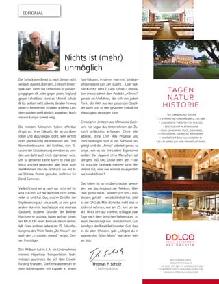 mep Ausgabe 3/2016 3
EDITORIAL
Thomas P. Scholz
Chefredakteur
Der Schock vom Brexit ist noch (lange) nicht
verdaut, da wird über den „Exit vom Brexit“
spekuliert. Denn das Unfassbare ist passiert:
jung gegen alt, jeder gegen jeden, England
gegen Schottland. Juncker, Merkel, Schulz
& Co. sollten nicht ständig darüber hinweg
reden – Referenden in vielen anderen Län-
dern würden wohl ähnlich ausgehen. Noch
nie war Europa soweit weg.
Die meisten Menschen haben offenbar
Angst vor einer Zukunft, die sie zu über-
rollen und abzuhängen droht. Wer vertritt
noch glaubwürdig die Interessen von Otto
Normalverbraucher, der fürchtet, vom Ts-
unami der Globalisierung zerrieben zu wer-
den und dafür auch noch stigmatisiert wird.
Der so genannte kleine Mann ist zwar po-
litisch unschick geworden, aber leider ist er
die Mehrheit. Und die rächt sich nun mit ih-
rer Stimme. Dumm gelaufen, nicht nur für
David Cameron.
Vielleicht sind wir ja noch gar nicht reif für
eine Zukunft, auf die die Politik nicht vorbe-
reitet ist und hat. Das, was im Zeitalter der
Digitalisierung auf uns zurollt, ist eine ganz
andere Nummer. Sascha Lobo und Andreas
Gebhard, letzterer Gründer der Berliner
Plattform re: publica, haben auf der jüngs-
ten MEXCON einen Eindruck davon vermit-
telt. Einen anderen lieferte der 15. Zukunfts-
kongress des Think Tanks „2b Ahead“, der
auch den „Innovators Award“ vergibt. Des-
sen Preisträger:
Dirk Ahlborn hat in L.A. ein Unternehmen
namens Hyperloop Transportation Tech-
nologies gegründet, das sich über Crowd-
funding ﬁnanziert. Die Firma arbeitet an ei-
nem Röhrensystem mit Kapseln in einem
Nichts ist (mehr)
unmöglich
Fast-Vakuum, in denen man mit Schallge-
schwindigkeit zum Ziel rauscht… Oder Nat-
han Kundtz: Der CEO von Kymeta Corpora-
tion entwickelt mit dem Produkt „mTenna“
gerade ein Verfahren, das sich von jedem
Punkt der Welt aus den passenden Satelli-
ten sucht und so den gesamten Erdball mit
Webzugang versorgen kann.
Christopher Jentzsch aus Mittweida (Sach-
sen) hat sogar das Unternehmen der Zu-
kunft schlechthin erfunden: Ohne Mit-
arbeiter, ohne Chef. Alle Prozesse und
Entscheidungen sind in der Software an-
gelegt und die „Firma“ arbeitet genau so
lange, wie es die (virtuellen) Eigentümer
wollen. Der Apparat ohne Menschen soll
übrigens 160 Mio. Dollar wert sein – da-
für brauchte Facebook mehrere Jahre. Be-
stimmt toll, aber wer kommt da eigentlich
noch wirklich mit?
Das Leben ist so unüberschaubar gewor-
den wie das Angebot der Telekom. Glei-
ches gilt für die EU, seitdem sich sich – min-
destens gefühlt - verselbständigt hat. Jetzt
ist der GAU da. Man dürfe das nicht alles so
todernst nehmen, war am 25. Juni um ex-
akt 14:43 Uhr auf t-online, schlappe zwei
Tage nach dem britischen Referendum, zu
lesen. Der das sagt war - Boris Johnson, Gal-
lionsﬁgur der Brexit-Befürworter. Gut, dass
es die alten Chinesen gab: „Mögest du in
spannenden Zeiten leben“ war deren wei-
ser Satz.
BUCHUNGEN ÜBER:
CONVENTION SALES
159 ZIMMER UND SUITEN
27 VERANSTALTUNGSRÄUME (2.750 QM)
JUGENDSTIL-THEATER (730 PLÄTZE)
RESTAURANT PLATANENHOF
1 .000 QM SPA MIT POOL, 3 SAUNEN,
FITNESSRAUM, SOLARIUM, MASSAGEN
INNENSTADT BAD NAUHEIM 500 M
35 KM NÖRDLICH VON FRANKFURT/MAIN
TAGEN
NATUR
HISTORIE
 