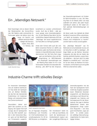 14 mep Ausgabe 3/2016
TITELSTORY
Berlin / visitBerlin Convention Partner
Ein „lebendiges Netzwerk“
Rote Hosenträger sind an diesem Abend
das Markenzeichen des Service-Perso-
nals. Mit Tabletts voller sommerlicher Er-
frischungen gehen die Kellner durch das
lange, mit Geschirr und
Möbeln bestückte Mate-
riallager des Eventaus-
statters Party Rent
in Pankow, das
Ein historischer Getreidespei-
cher als moderne Eventlocati-
on? Das bietet der Spreespei-
cher am Berliner Osthafen,
der das Flair des Szeneviertels
Friedrichshain mit modernem
Design und markantem Indus-
trie-Charme kombiniert!
Veranstaltern stehen dort
gleich drei Locations zur Ver-
fügung: Die Capitol Yard Golf
Lounge, das 2C Spreequartier
und das 030 Eventloft wur-
den in den historischen Mau-
ern ganz auf die Bedürfnisse
von Firmenevents ausgerich-
tet, um Tagungen, Kongresse,
Konferenzen und Firmenfes-
te in fünf kombinierbaren Ver-
anstaltungsräumen für 40 bis
800 Personen zu ermöglichen.
Der Innenbereich bietet bis
zu 1.500 qm Eventﬂäche, die
durch die Spreeterrassen im
Outdoorbereich ergänzt wer-
den. Langjährige Erfahrung im
Veranstaltungssektor hat das
Team der Spreespeicher Event
GmbH das Angebot ausweiten
lassen: Modernste Veranstal-
tungstechnik und Bestuhlung
wird ebenso nach Wunsch be-
reitgestellt wie Catering und
Servicepersonal für die Veran-
staltung. Die Lage im Berliner
Medienviertel verleiht dem
Spreespeicher einige zusätz-
liche Pluspunkte – wie etwa
gute Erreichbarkeit, sogar per
Schiff… Im Umfeld existie-
ren vielfältige Übernachtungs-
möglichkeiten für Gäste mehr-
tägiger Anlässe.
Industrie-Charme trifft stilvolles Design
Quelle: Spreespeicher Event GmbH
Quelle: Party Rent Group
kurzerhand zur Location umfunktioniert
wurde. Auch das ist Berlin - oder ge-
nauer gesagt, seine Veranstaltungsbran-
che: Für den Meeting Place Berlin hat Ge-
schäftsführer Stephan Mahnecke 2015 die
„Backstage“ des neuen Logistikzentrums
von Party Rent zur Verfügung gestellt.
Hinter dem Format steht auch der visit-
Berlin Convention Partner e.V. (vBCP), wo
Mahnecke zudem die Position des Schatz-
meisters im Geschäftsführenden Vorstand
übernommen hat. Mit Party Rent enga-
giert sich der Berliner schon seit Ver-
einsgründung im MICE-Netzwerk
der Hauptstadt. Veranstaltungen wie
der Meeting Place haben für ihn in der
Vereinsarbeit deshalb eine besondere Be-
deutung: „Der vBCP hat den Anspruch,
das Veranstaltungsnetzwerk mit fundier-
ter Berlin-Kompetenz zu sein. Der Mee-
ting Place ist ein Beweis dafür und zeigt
außerdem seit Jahren, dass jeder Haupt-
stadt-Besuch anders ist. Wir haben ein-
fach optimale Rahmenbedingungen als
Destination.“
Als Verein wolle man deshalb die Arbeit
des Berlin Convention Ofﬁce unterstützen,
„um Berlin als Kongress- und Eventdes-
tination noch erfolgreicher zu machen“
und der Stadt so etwas zurückzugeben.
Das „lebendige Netzwerk“ war für
Mahnecke ein entscheidender Grund, sich
mit Party Rent im vBCP zu beteiligen: „90
kluge Köpfe aus der Berliner Veranstal-
tungsszene, die über die vier Säulen des
Vereines sämtliche Facetten unserer Bran-
che abdecken – das kann doch für jedes
Mitglied nur vorteilhaft sein!“ Und natür-
lich sei der Verein als Plattform für Kom-
munikation und Kontakte auch eine große
Hilfe fürs Unternehmen selbst.
 