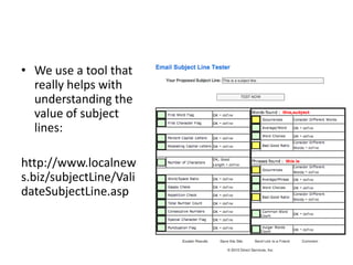 • We use a tool that
really helps with
understanding the
value of subject
lines:
http://www.localnew
s.biz/subjectLine/Val...