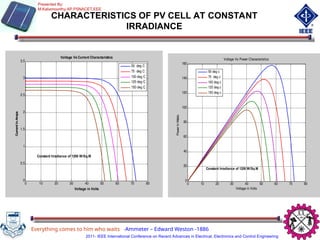 CHARACTERISTICS OF PV CELL AT CONSTANT
IRRADIANCE
Everything comes to him who waits -Ammeter – Edward Weston -1886
0 10 20 30 40 50 60 70 80
0
20
40
60
80
100
120
140
160
Voltage in Volts
Power
In
W
atts
Voltage Vs Power Characteristics
50 deg c
75 deg c
100 deg c
125 deg c
150 deg c
Constant Irradiance of 1200 W/Sq.M
0 10 20 30 40 50 60 70 80
0
0.5
1
1.5
2
2.5
3
3.5
Voltage in Volts
Current
In
Amps
Voltage Vs Current Characteristics
50 deg C
75 deg C
100 deg C
125 deg C
150 deg C
Constant Irradiance of 1200 W/Sq.M
Presented By:
M.Kaliamoorthy,AP,PSNACET,EEE
2011- IEEE International Conference on Recent Advances in Electrical, Electronics and Control Engineering
 