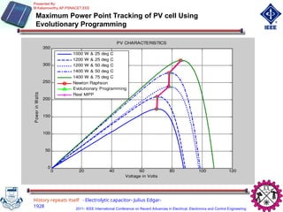 History repeats itself - Electrolytic capacitor- Julius Edgar-
1928
Presented By:
M.Kaliamoorthy,AP,PSNACET,EEE
2011- IEEE International Conference on Recent Advances in Electrical, Electronics and Control Engineering
Maximum Power Point Tracking of PV cell Using
Evolutionary Programming
0 20 40 60 80 100 120
0
50
100
150
200
250
300
350
PV CHARACTERISTICS
Voltage in Volts
P
ower
in
W
atts
1000 W & 25 deg C
1200 W & 25 deg C
1200 W & 50 deg C
1400 W & 50 deg C
1400 W & 75 deg C
Newton Raphson
Evolutionary Programming
Real MPP
 