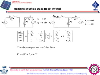 Modeling of Single Stage Boost Inverter
C
B
AV
V
R
C
V
L
V
C
i
L
V
V
i
R
C
C
L
L
R
dt
dV
dt
di in
L
L
a
L

































































form
the
of
is
equation
above
The
1
1
1
1
1
2
1
1
1
1
1
1
1
1
1
1
1
1
1
1
One today is worth than two tomorrows- Fuel Cell- Francis Thomas Bacon -1932
Presented By:
M.Kaliamoorthy,AP,PSNACET,EEE
2011- IEEE International Conference on Recent Advances in Electrical, Electronics and Control Engineering
 