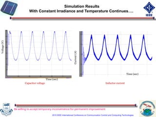 Capacitor voltage Inductor current
Simulation Results
With Constant Irradiance and Temperature Continues….
Time (sec)
Voltage
(V)
Time (sec)
Current
(A)
Be willing to accept temporary inconvenience for permanent improvement
2010 IEEE International Conference on Communication Control and Computing Technologies
 