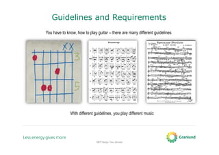 Guidelines and Requirements 
You have to know, how to play guitar – there are many different guidelines 
With different guidelines, you play different music 
MEP Design, Tero Järvinen 
 