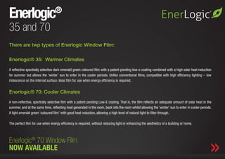 Enerlogic                        ®

35 and 70
There are twp types of Enerlogic Window Film:

Enerlogic® 35: Warmer Climates

A reflective spectrally selective dark emerald green coloured film with a patent-pending low-e coating combined with a high solar heat reduction
for summer but allows the ‘winter’ sun to enter in the cooler periods. Unlike conventional films, compatible with high efficiency lighting – low
iridescence on the internal surface. Ideal film for use when energy efficiency is required.


Enerlogic® 70: Cooler Climates

A non-reflective, spectrally selective film with a patent pending Low-E coating. That is, the film reflects an adequate amount of solar heat in the
summer, and at the same time, reflecting heat generated in the room, back into the room whilst allowing the ‘winter’ sun to enter in cooler periods.
A light emerald green ‘coloured film’ with good heat reduction, allowing a high level of natural light to filter through.

The perfect film for use when energy efficiency is required, without reducing light or enhancing the aesthetics of a building or home.



Enerlogic® 70 Window Film Profile.
            Where We Are. Corporate                                         Our Collection.           Marketing & Media Support.

NOW AVAILABLE
 