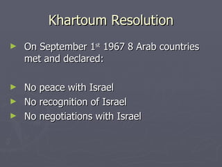 Khartoum Resolution On September 1 st  1967 8 Arab countries met and declared: No peace with Israel  No recognition of Israel  No negotiations with Israel  