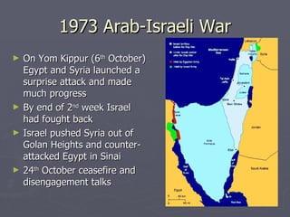 1973 Arab-Israeli War On Yom Kippur (6 th  October) Egypt and Syria launched a surprise attack and made much progress By end of 2 nd  week Israel had fought back Israel pushed Syria out of Golan Heights and counter-attacked Egypt in Sinai 24 th  October ceasefire and disengagement talks 
