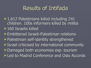 Results of Intifada 1,612 Palestinians killed including 241 children. 100s informers killed by militia 160 Israelis killed Embittered Israeli-Palestinian relations Palestinian self-identity strengthened Israel criticised by international community Damaged both economies esp. tourism Led to Madrid Conference and Oslo Accords 