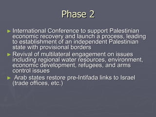 Phase 2 International Conference to support Palestinian economic recovery and launch a process, leading to establishment of an independent Palestinian state with provisional borders  Revival of multilateral engagement on issues including regional water resources, environment, economic development, refugees, and arms control issues Arab states restore pre-Intifada links to Israel (trade offices, etc.) 
