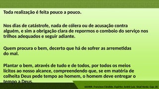 Toda realização é feita pouco a pouco.
Nos dias de catástrofe, nada de cólera ou de acusação contra
alguém, e sim a obrigação clara de repormos o comboio do serviço nos
trilhos adequados e seguir adiante.
Quem procura o bem, decerto que há de sofrer as arremetidas
do mal.
Plantar o bem, através de tudo e de todos, por todos os meios
lícitos ao nosso alcance, compreendendo que, se em matéria de
colheita Deus pede tempo ao homem, o homem deve entregar o
tempo a Deus.
XAVIER. Francisco Cândido. Espírito: André Luiz. Sinal Verde. Cap. 20
 