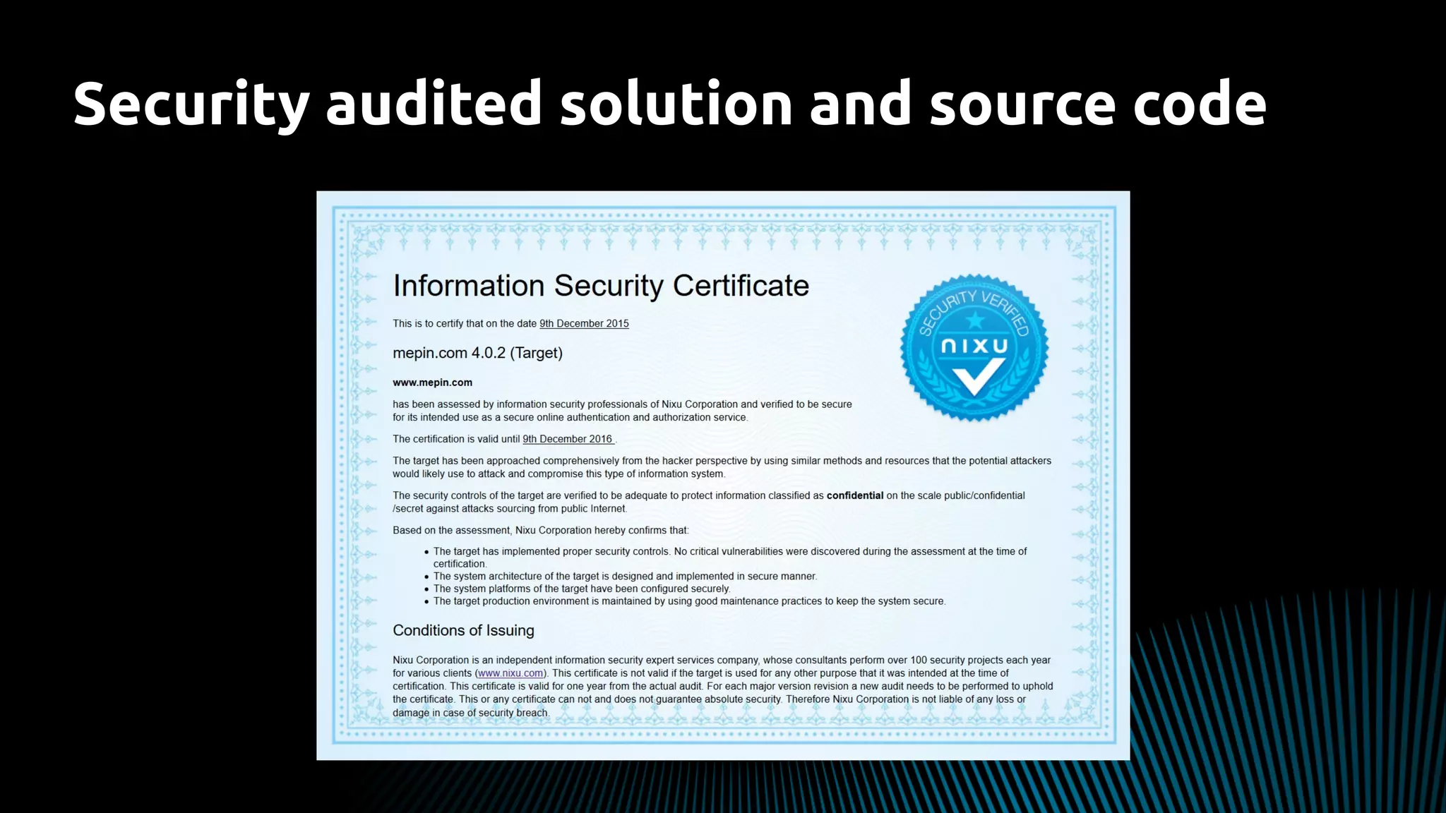 Security audited solution and source code
 