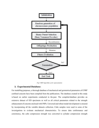Fig 1 MEP algorithm cyclic representation
3. Experimental Database:
For modelling purposes, a thorough database of mechanical and geometrical parameters of CFRP
confined concrete have been compiled from the publications. The database created in this study
is based on earlier experiments conducted in the past. The compiled database provides an
extensive dataset of 828 specimens as well as all critical parameters related to the strength
enhancement of concrete enclosed with FRPs. Universal and robust model development is ensured
by incorporating all the variable datasets collection. Cube samples were used in some of the
investigations to evaluate mechanical characteristics. To ensure data conformance and
consistency, the cube compression strength was converted to cylinder compression strength
 