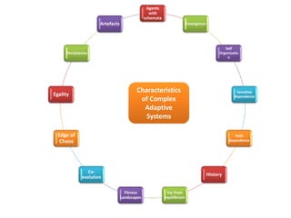 Agents
with
schemata
Emergence
Self
Organisatio
n
Sensitive
dependence
Path
dependence
History
Far from
equilibrium
Fitness
Landscapes
Co-
evolution
Edge of
Chaos
Egality
Persistence
Artefacts
Characteristics
of Complex
Adaptive
Systems
 