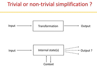 Trivial or non-trivial simplification ?
Transformation
Internal state(s)
Input
Input Output ?
Output
Context
 