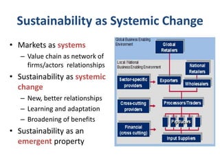 Sustainability as Systemic Change
• Markets as systems
– Value chain as network of
firms/actors relationships
• Sustainability as systemic
change
– New, better relationships
– Learning and adaptation
– Broadening of benefits
• Sustainability as an
emergent property
 