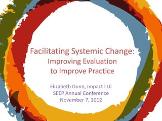 Facilitating Systemic Change:
Improving Evaluation
to Improve Practice
Elizabeth Dunn, Impact LLC
SEEP Annual Conference
November 7, 2012
 