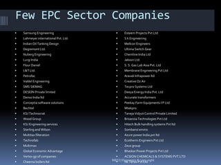 Few EPC Sector Companies
 Samsung Engineering
 Lahmeyer international Pvt. Ltd.
 Indian Oil Tanking Design
 Degremont Ltd.
 Nuberg Engineering
 Lurgi India
 Flour Daniel
 L&T Ltd.
 Petrofac
 Valdel Engineering
 SMS SIEMAG
 DESEIN Private limited
 Denso India ltd
 Conceptia software solutions
 Bechtel
 KSJ Technocrat
 Wood Group
 KSJ Engineering services
 Sterling and Wilson
 Multitax filteration
 Technofab
 Multimax
 Global Economic Advantage
 Vertex gp of companies
 Cheema boilers ltd
 Esteem Projects Pvt Ltd
 S k Engineering
 Mellcon Engineers
 Ultima Switch Gear
 Chemline India Ltd
 Jakson Ltd.
 S. S. Gas Lab Asia Pvt. Ltd
 Membrane Engineering Pvt Ltd
 Aravali Infrapower ltd
 Creative Oz Air
 Tecpro Systems Ltd
 Deeya Energy India Pvt. Ltd
 Accurate transformers
 Peekay Farm Equipments I P Ltd
 Mtekpro
 Taneja Vidyut Control Private Limited
 Brisanzia Technologies Pvt Ltd
 Hitech Bulk handling systems Pvt ltd
 Sombansi enviro
 Azure power India pvt ltd
 Ecotherm Engineers Pvt Ltd
 Zeus group
 Bhaskar Power Projects Pvt Ltd
 ACSION CHEMICALS & SYSTEMS PVT.LTD
 Ns Terbo Pvt LtdMECCI Engineers © copy right
 