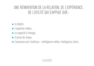 le digital,
l’expertise métier,
la capacité à changer,
la prise de risque,
l’ouverture vers l’extérieur : intelligence métier, intelligence client…
UNE RÉINVENTION DE LA RELATION, DE L’EXPÉRIENCE,
DE L’UTILITÉ QUI S’APPUIE SUR :
 