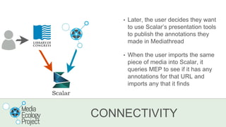 CONNECTIVITY
• Later, the user decides they want
to use Scalar’s presentation tools
to publish the annotations they
made i...