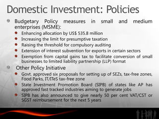 Domestic Investment: Policies
 Budgetary Policy measures              in   small    and    medium
 enterprises (MSME):
    Enhancing allocation by US$ 535.8 million
    Increasing the limit for presumptive taxation
    Raising the threshold for compulsory auditing
    Extension of interest subvention for exports in certain sectors
    Exemption from capital gains tax to facilitate conversion of small
    businesses to limited liability partnership (LLP) format
  Other Policy Initiative
    Govt. approved six proposals for setting up of SEZs, tax-free zones,
    Food Parks, IT/ITeS tax-free zone
    State Investment Promotion Board (SIPB) of states like AP has
    approved fast tracked industries aiming to generate jobs
    SIPB has also announced to give nearly 50 per cent VAT/CST or
    SGST reimbursement for the next 5 years
 
