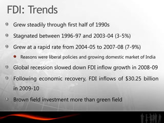 FDI: Trends
 Grew steadily through first half of 1990s

 Stagnated between 1996-97 and 2003-04 (3-5%)

 Grew at a rapid rate from 2004-05 to 2007-08 (7-9%)
    Reasons were liberal policies and growing domestic market of India

 Global recession slowed down FDI inflow growth in 2008-09

 Following economic recovery, FDI inflows of $30.25 billion
 in 2009-10

 Brown field investment more than green field
 