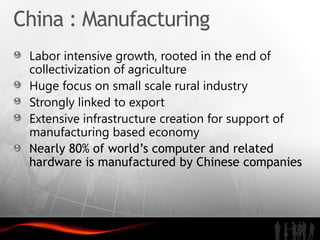 China : Manufacturing
 Labor intensive growth, rooted in the end of
 collectivization of agriculture
 Huge focus on small scale rural industry
 Strongly linked to export
 Extensive infrastructure creation for support of
 manufacturing based economy
 Nearly 80% of world’s computer and related
 hardware is manufactured by Chinese companies
 