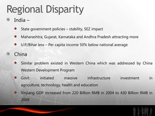 Regional Disparity
 India –
    State government policies – stability, SEZ impact

    Maharashtra, Gujarat, Karnataka and Andhra Pradesh attracting more

    U.P./Bihar less – Per capita income 50% below national average

 China
    Similar problem existed in Western China which was addressed by China
    Western Development Program

    Govt.      initiated     massive       infrastructure    investment    in
    agriculture, technology, health and education

    Xinjiang GDP increased from 220 Billion RMB in 2004 to 430 Billion RMB in
    2009
 