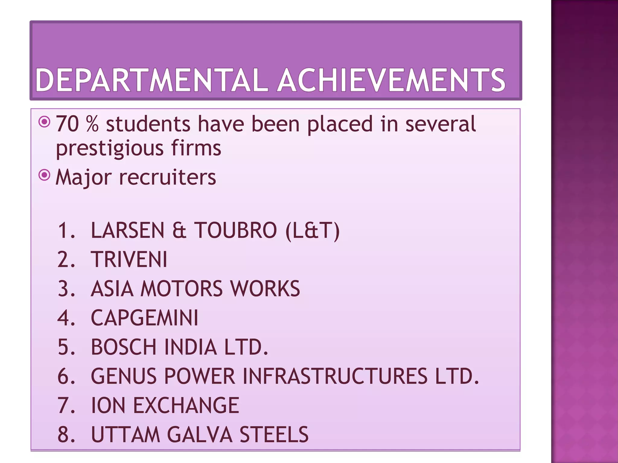  70 % students have been placed in several
  prestigious firms
 Major recruiters


 1.    LARSEN & TOUBRO (L&T)
 2.    TRIVENI
 3.    ASIA MOTORS WORKS
 4.    CAPGEMINI
 5.    BOSCH INDIA LTD.
 6.    GENUS POWER INFRASTRUCTURES LTD.
 7.    ION EXCHANGE
 8.    UTTAM GALVA STEELS
 