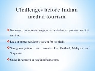 No strong government support or initiative to promote medical
tourism.
Lack of proper regulatory system for hospitals.
Strong competition from countries like Thailand, Malaysia, and
Singapore.
Under-investment in health infrastructure.
 
