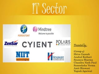 IT Sector 
Presented by : 
(Group 4) 
Shiva Ganesh 
Anshul Kothari 
Soumya Sharma 
Chandra Nath Paul 
Sameeksha Verma 
Amit Binwani 
Yogesh Agarwal 
 