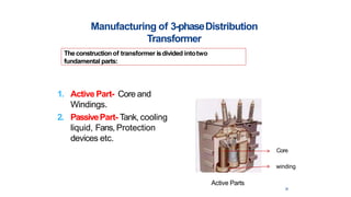 1. Active Part- Core and
Windings.
2. PassivePart- Tank, cooling
liquid, Fans, Protection
devices etc.
Manufacturing of 3-phaseDistribution
Transformer
Theconstruction of transformer isdivided intotwo
fundamental parts:
Core
winding
Active Parts
31
 
