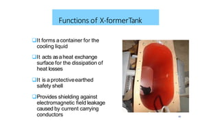 It forms acontainer for the
cooling liquid
It acts asaheat exchange
surface for the dissipation of
heat losses
It is aprotectiveearthed
safety shell
Provides shielding against
electromagnetic field leakage
caused by current carrying
conductors
Functions of X-formerTank
40
 