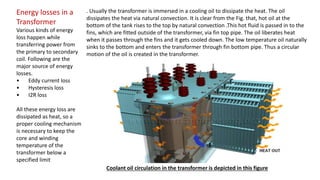 Energy losses in a
Transformer
Various kinds of energy
loss happen while
transferring power from
the primary to secondary
coil. Following are the
major source of energy
losses.
• Eddy current loss
• Hysteresis loss
• I2R loss
All these energy loss are
dissipated as heat, so a
proper cooling mechanism
is necessary to keep the
core and winding
temperature of the
transformer below a
specified limit
. Usually the transformer is immersed in a cooling oil to dissipate the heat. The oil
dissipates the heat via natural convection. It is clear from the Fig. that, hot oil at the
bottom of the tank rises to the top by natural convection .This hot fluid is passed in to the
fins, which are fitted outside of the transformer, via fin top pipe. The oil liberates heat
when it passes through the fins and it gets cooled down. The low temperature oil naturally
sinks to the bottom and enters the transformer through fin bottom pipe. Thus a circular
motion of the oil is created in the transformer.
Coolant oil circulation in the transformer is depicted in this figure
 