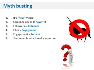 Myth busting

1.   It’s “new” Media
2.   Someone needs to “own” it
3.   Followers = Influence
4.   Likes = Engagement
5.   Engagement = Success
6.   Sentiment is what’s really important




                                4
 