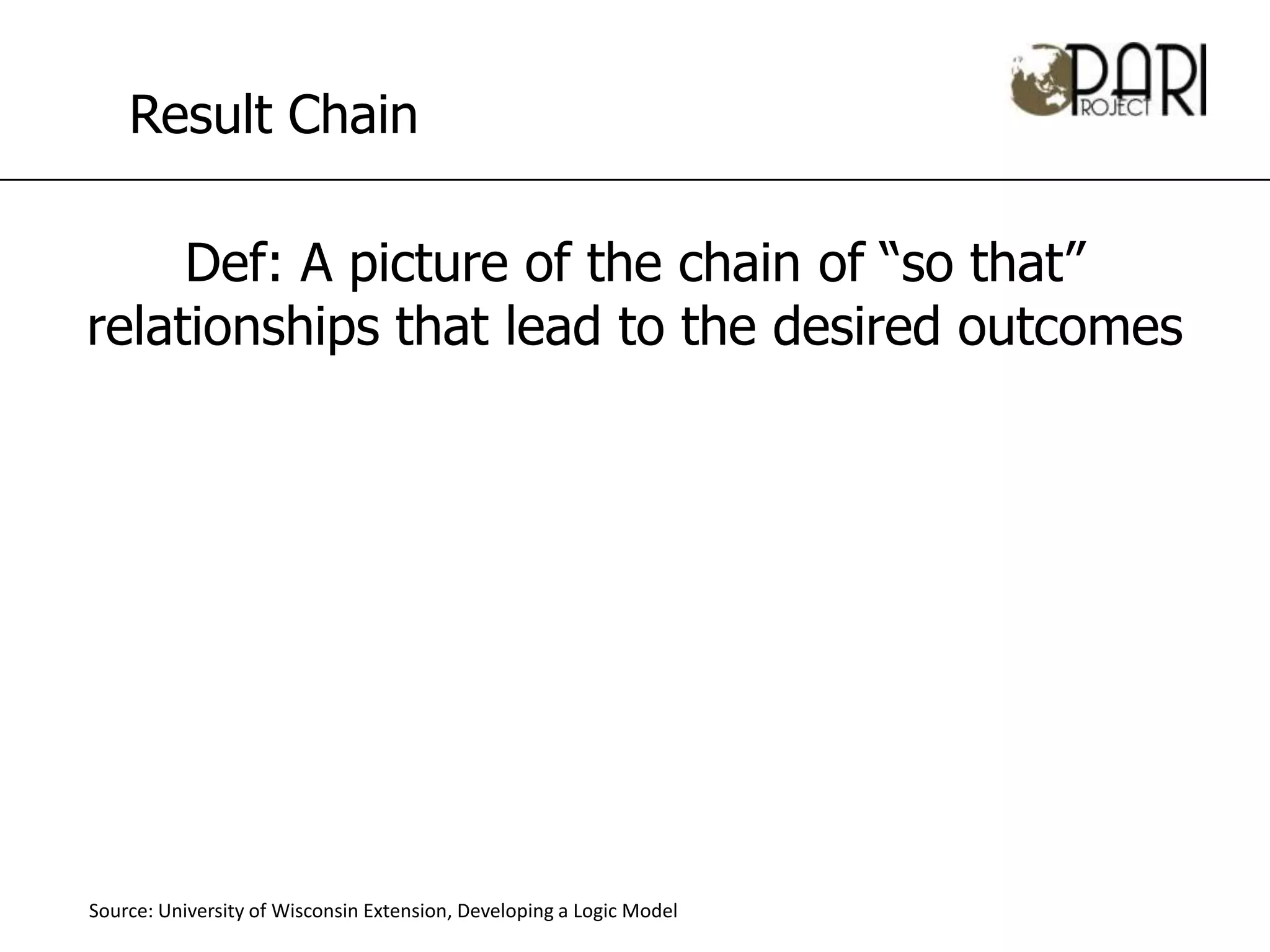 Result Chain

     Def: A picture of the chain of “so that”
relationships that lead to the desired outcomes




Source: University of Wisconsin Extension, Developing a Logic Model
 