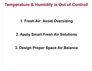 Temperature & Humidity is Out of Control!
1. Fresh Air: Avoid Oversizing
2. Apply Smart Fresh Air Solutions
3. Design Proper Space Air Balance
 